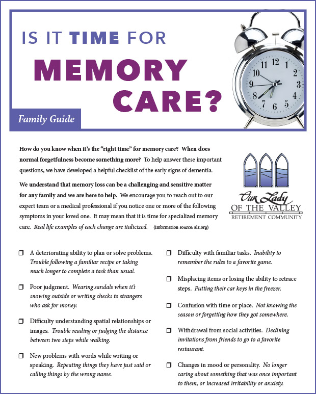 Memory Care Guide and Checklist Our Lady of the Valley